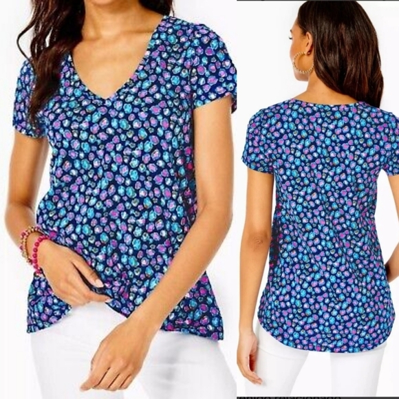 Lilly Pulitzer Etta V-Neck Top Seabreeze Blue Low Tide Navy Spotted Wild size XS - Picture 1 of 9